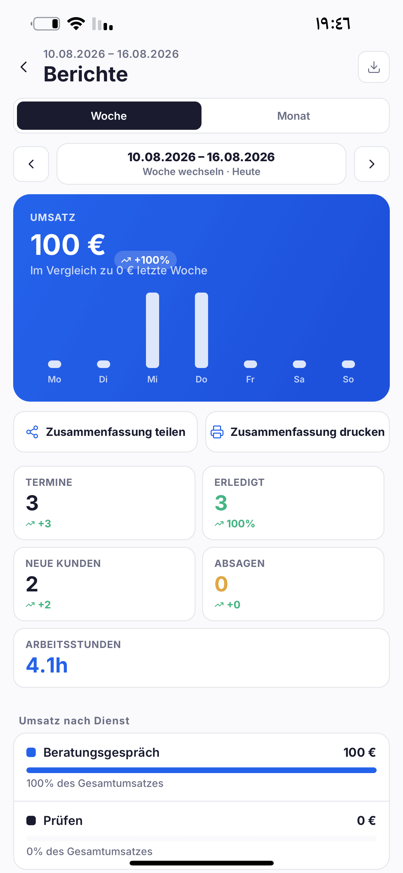 Berichte und Umsatzstatistik in Terminov